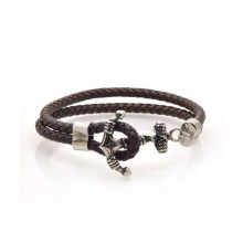 Pulsera de cuero de anclaje de declaración negra personalizada, pulsera de cuero de anclaje de acero inoxidable